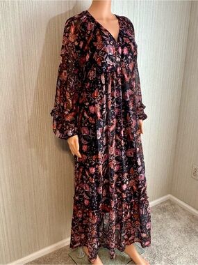 NWT Grace + Karma Black Floral Empire Waist Flowy Floral Tiered Maxi Dress Med